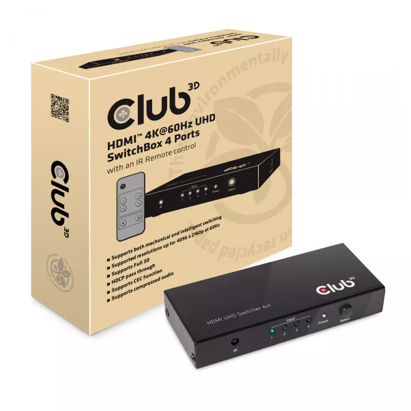 CLUB3D HDMI™ 2.0 UHD 4K60Hz SwitchBox 4 prievadai su IR nuotolinio valdymo pulteliu