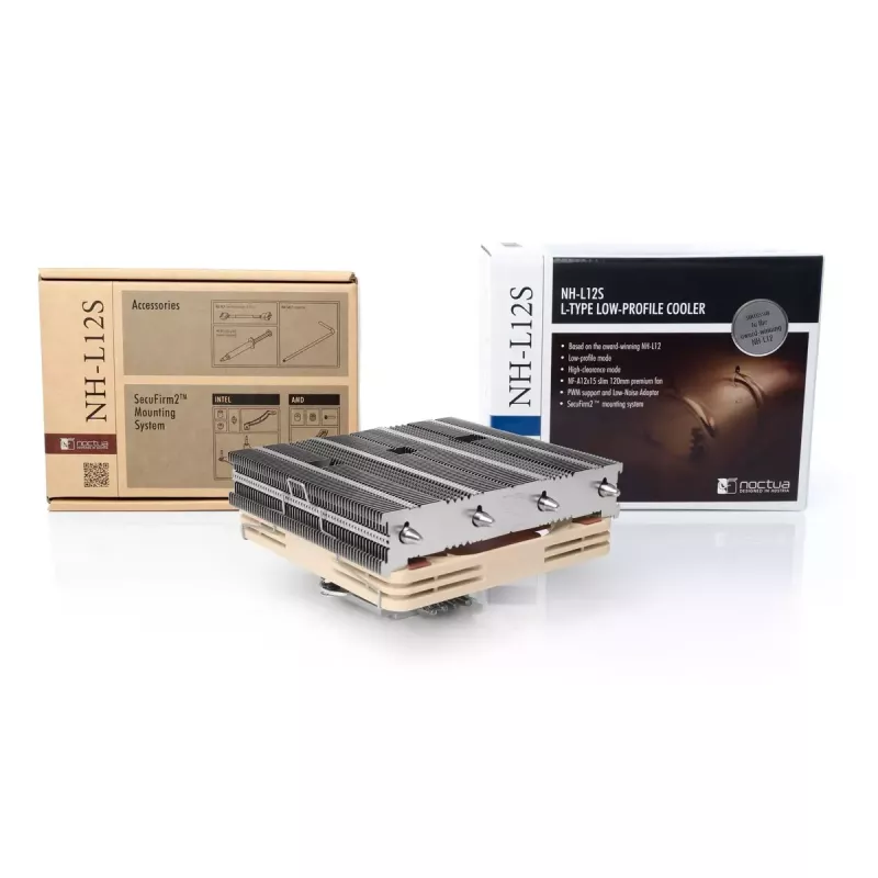 CPU aušintuvas Noctua NH-L12S – žemo profilio aušintuvas, 120 mm ventiliatorius, PWM, 12 V, 1850 RPM maks., 94,2 m³/h oro srautas, suderinami lizdai LGA1700/1200/115x/1156 ir AM4/AM5