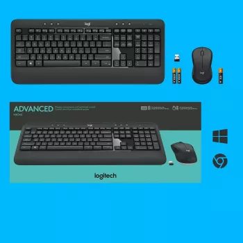 Belaidis klaviatūros ir pelės rinkinys Logitech MK540 Advanced — pilno dydžio QWERTY klaviatūra, USB imtuvas, US išdėstymas, ergonomiška pelė, juoda/balta