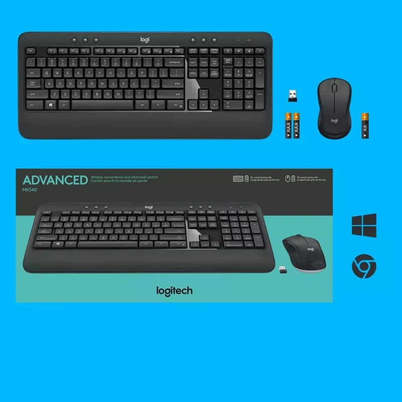 Belaidis klaviatūros ir pelės rinkinys Logitech MK540 Advanced — pilno dydžio QWERTY klaviatūra, USB imtuvas, US išdėstymas, ergonomiška pelė, juoda/balta