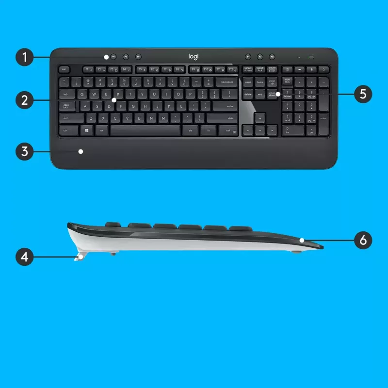 Belaidis klaviatūros ir pelės rinkinys Logitech MK540 Advanced — pilno dydžio QWERTY klaviatūra, USB imtuvas, US išdėstymas, ergonomiška pelė, juoda/balta