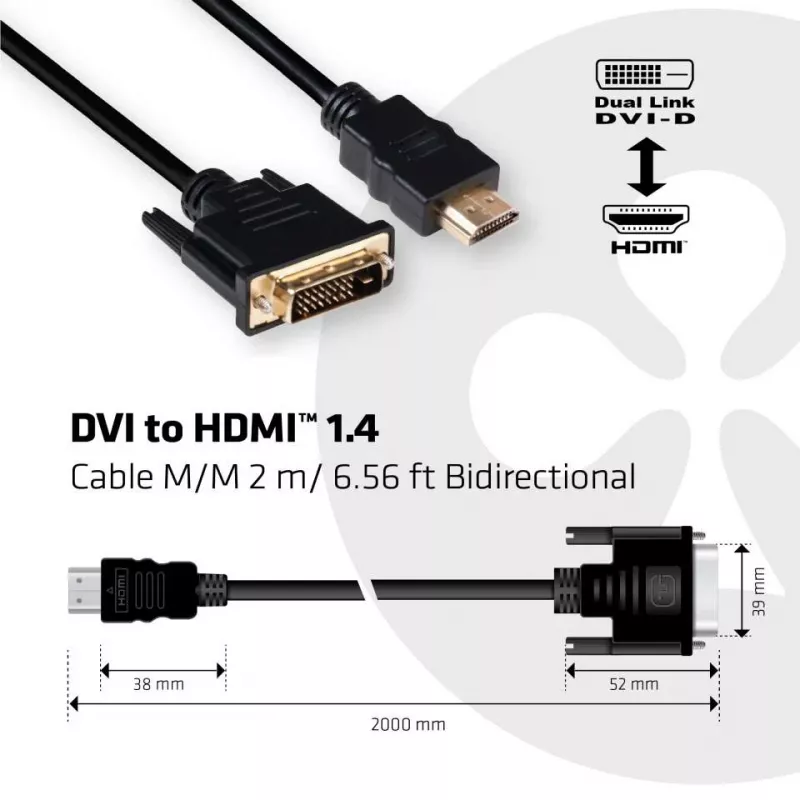 Club 3D CAC-1210 DVI-D–HDMI 1.4 jungiamasis kabelis, Dual Link, dvikryptis, 4K, M/M, 2 m, juodas