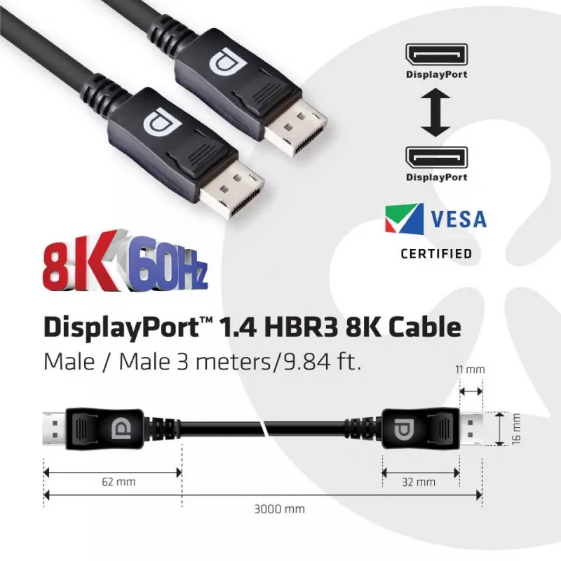 CLUB3D DisplayPort 1.4 HBR3 28AWG laidas M/M 3m /9.84ft