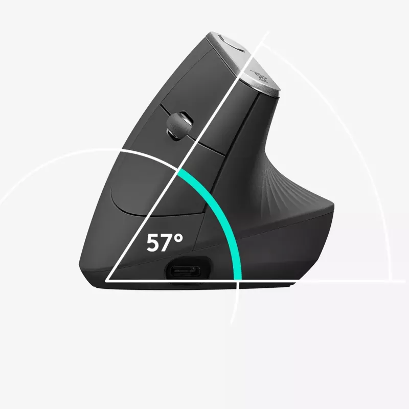 Ergonominė vertikali pelė Logitech MX Vertical, MX Vertical, 4000 DPI, RF Wireless + Bluetooth, dešinei rankai, Graphite, biuro naudojimui