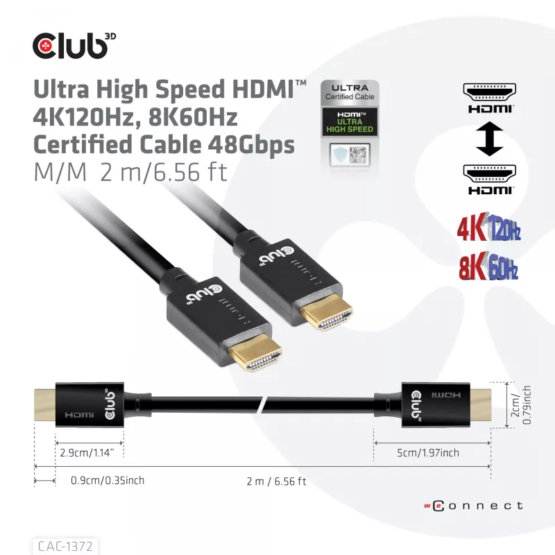 CLUB3D Ultra High Speed HDMI 4K120Hz, 8K60Hz sertifikuotas kabelis 48Gbps M/M 2 m