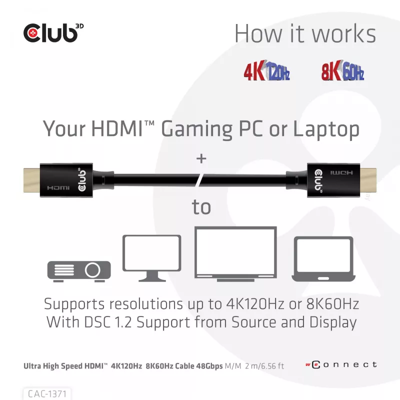 Club 3D CAC-1371 Ultra High Speed HDMI 2.1 sertifikuotas jungiamasis kabelis, 48 Gb/s, 4K 120 Hz / 8K 60 Hz / 10K 120 Hz, ARC, HDR, M/M, 1 m