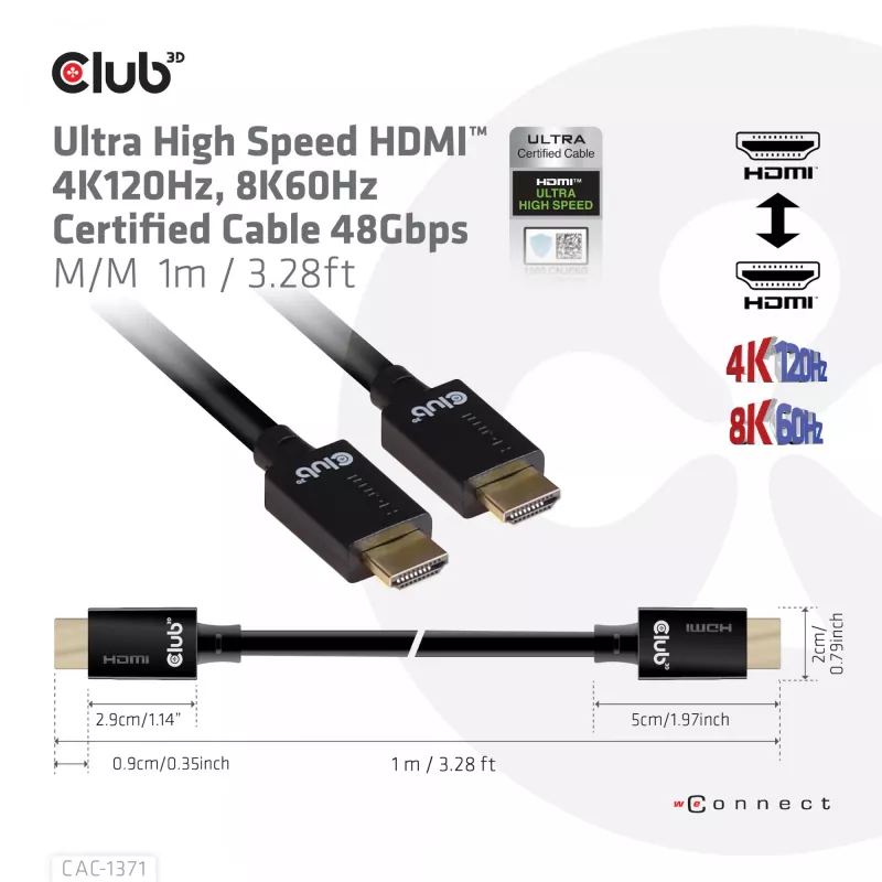 Club 3D CAC-1371 Ultra High Speed HDMI 2.1 sertifikuotas jungiamasis kabelis, 48 Gb/s, 4K 120 Hz / 8K 60 Hz / 10K 120 Hz, ARC, HDR, M/M, 1 m
