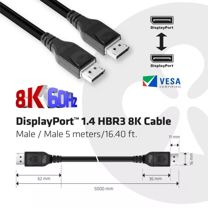 Club 3D CAC-1061 DisplayPort 1.4 HBR3 kabelis, 8K 60 Hz, 32,4 Gb/s, DSC 1.2, VESA sertifikuotas, su užraktu, M/M, 5 m, juodas