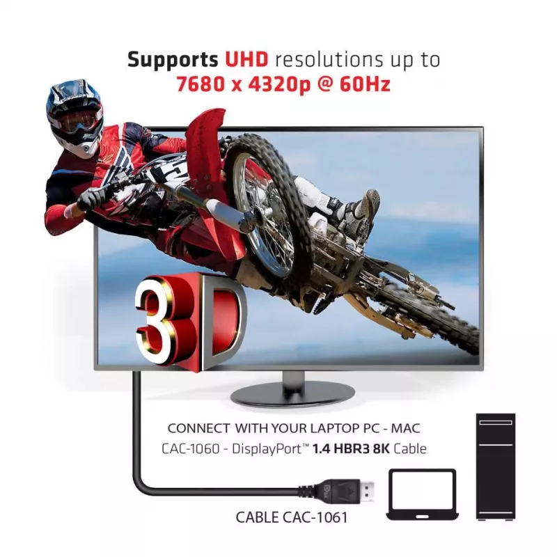 Club 3D CAC-1061 DisplayPort 1.4 HBR3 kabelis, 8K 60 Hz, 32,4 Gb/s, DSC 1.2, VESA sertifikuotas, su užraktu, M/M, 5 m, juodas