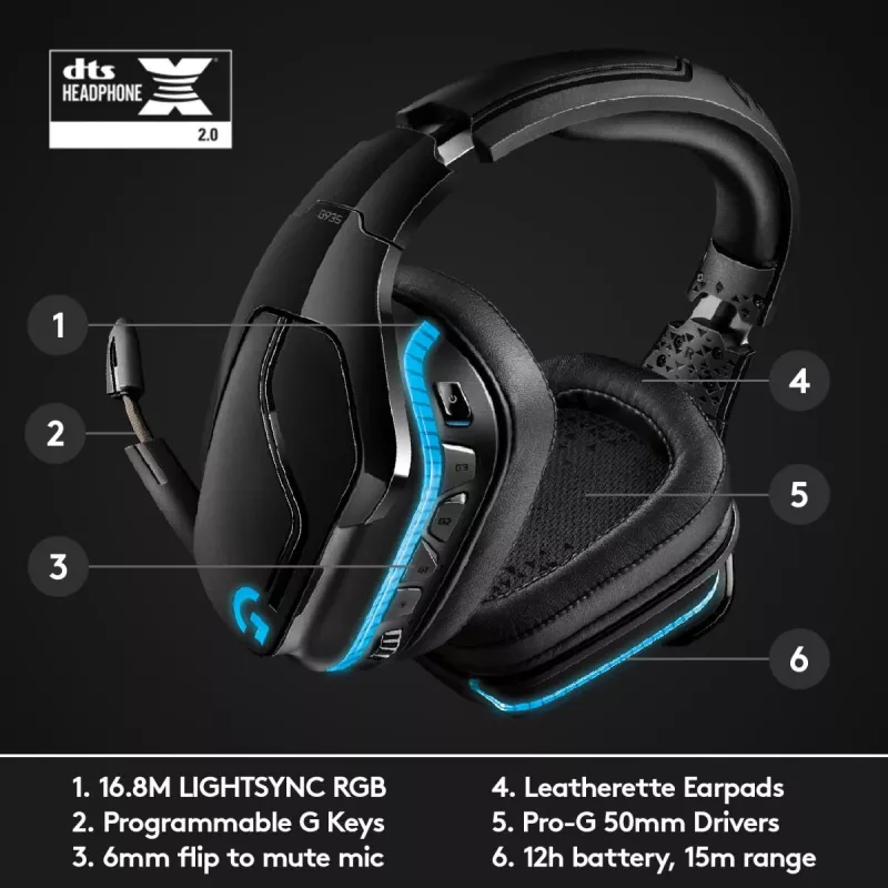LOGITECH G935 belaidės 7.1 erdvinio garso žaidimų ausinės su Lightsync RGB apšvietimu – 2,4 GHz