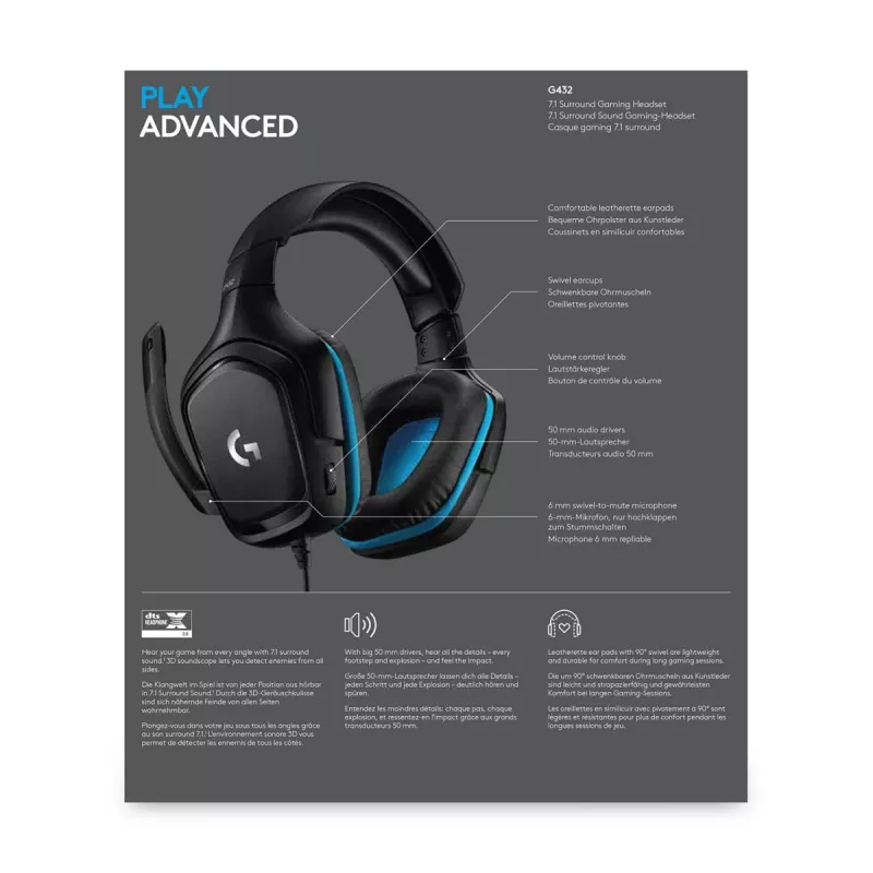 LOGITECH G432 – žaidimų ausinės su mikrofonu, USB / 3.5 mm, 7.1 erdvinis garsas, mėlyna