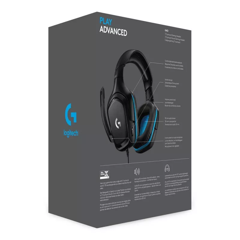 LOGITECH G432 – žaidimų ausinės su mikrofonu, USB / 3.5 mm, 7.1 erdvinis garsas, mėlyna