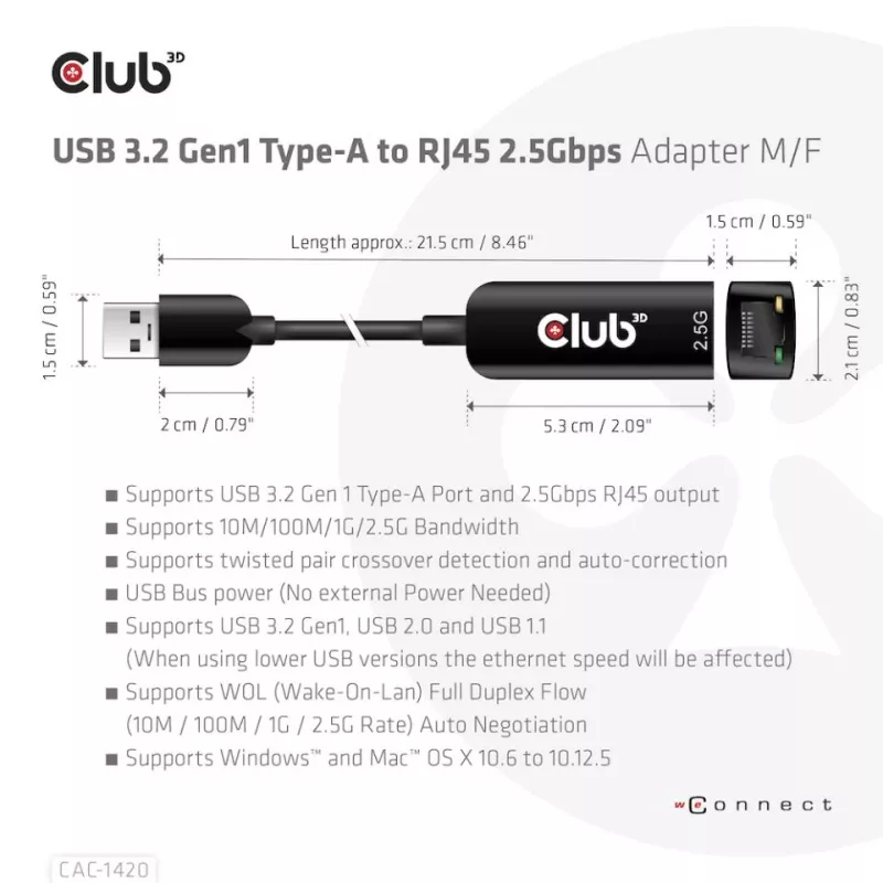 CLUB3D USB 3.2 Gen1 Type-A į RJ45 2.5Gbps adapteris