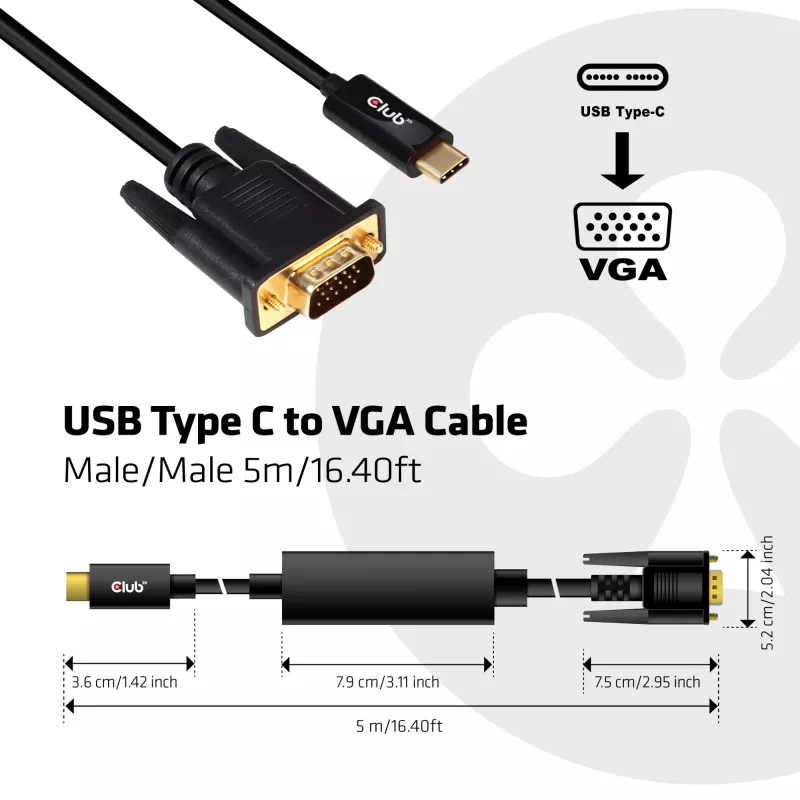 Aktyvus USB Type-C į VGA laidas M/M CLUB3D CAC-1512 5m