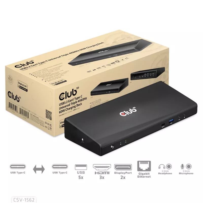 CLUB3D CSV-1562 USB3.2 Gen1 Type-C universalus dokas su 3x 4K30Hz, įkrovimu ir DisplayLink sertifikatu