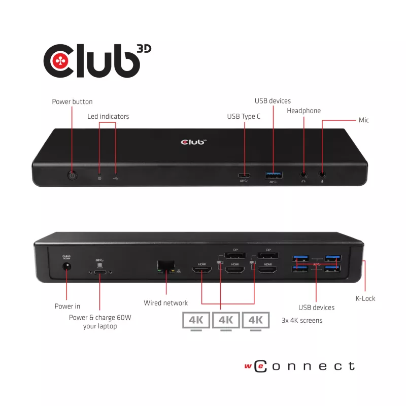 CLUB3D CSV-1562 USB3.2 Gen1 Type-C universalus dokas su 3x 4K30Hz, įkrovimu ir DisplayLink sertifikatu