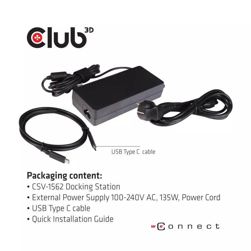 CLUB3D CSV-1562 USB3.2 Gen1 Type-C universalus dokas su 3x 4K30Hz, įkrovimu ir DisplayLink sertifikatu