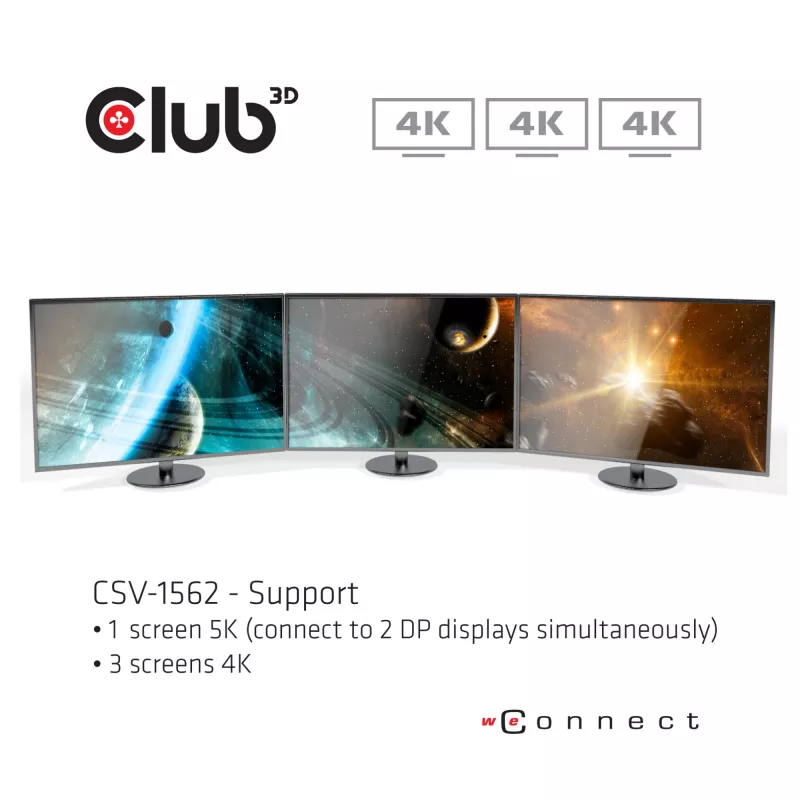 CLUB3D CSV-1562 USB3.2 Gen1 Type-C universalus dokas su 3x 4K30Hz, įkrovimu ir DisplayLink sertifikatu