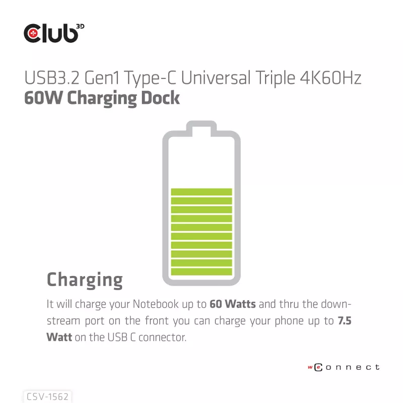 CLUB3D CSV-1562 USB3.2 Gen1 Type-C universalus dokas su 3x 4K30Hz, įkrovimu ir DisplayLink sertifikatu