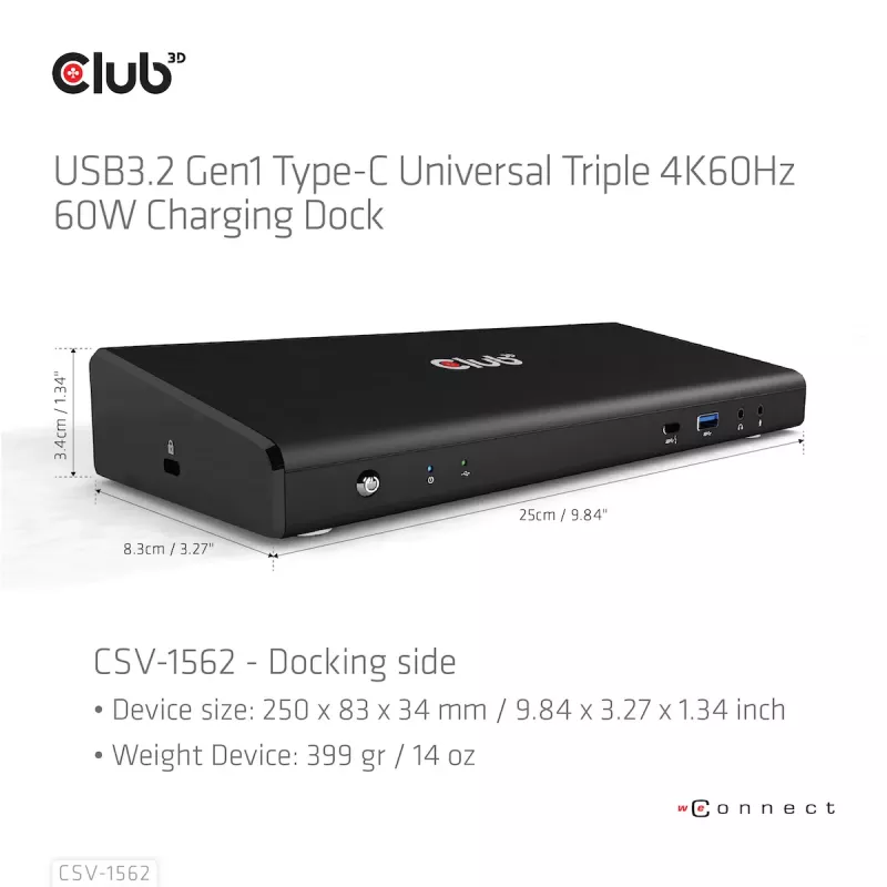 CLUB3D CSV-1562 USB3.2 Gen1 Type-C universalus dokas su 3x 4K30Hz, įkrovimu ir DisplayLink sertifikatu