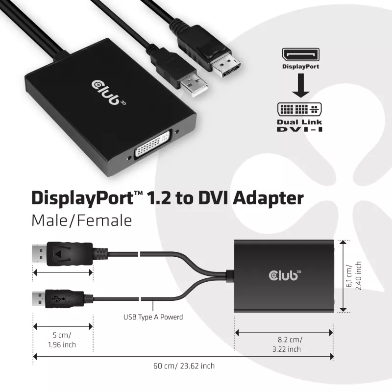 CLUB3D DisplayPort į Dual Link DVI-D HDCP ON versija aktyvus adapteris M/F