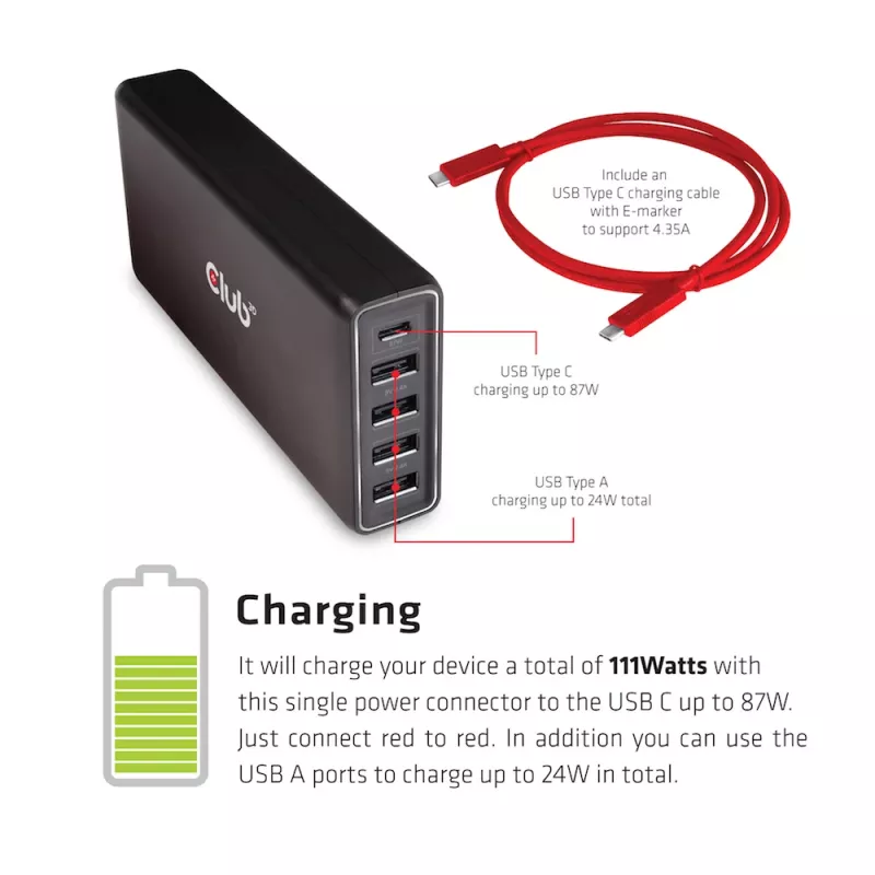 CLUB3D CAC-1903 USB įkroviklis, 5 prievadai, iki 111 W