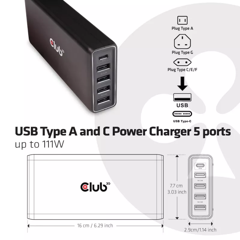 CLUB3D CAC-1903 USB įkroviklis, 5 prievadai, iki 111 W