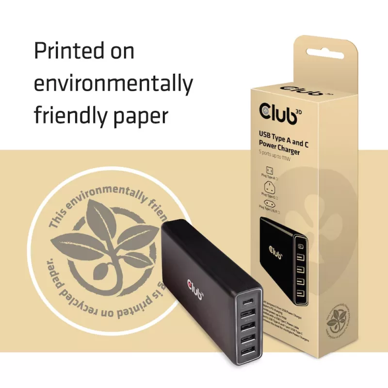CLUB3D CAC-1903 USB įkroviklis, 5 prievadai, iki 111 W