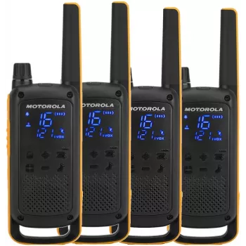 Motorola Talkabout T82 Extreme Quad Pack – 4× PMR racijos, 16 kanalų, IPX4, 500 mW, įkraunamos NiMH baterijos, micro-USB