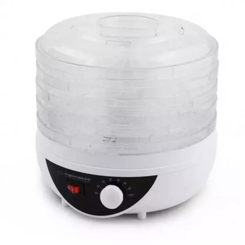 Maisto džiovintuvas ESPERANZA EKD002 – 5 padėklai, 250 W, reguliuojamas termostatas, maks. 75°C, permatomas baltas