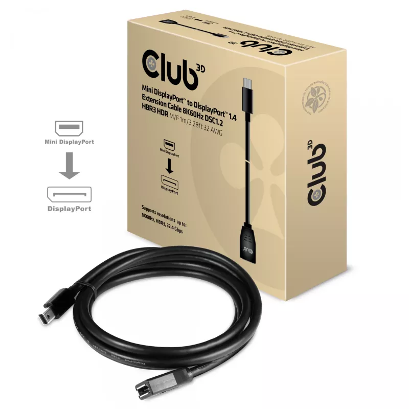 Club 3D CAC-1121 Mini DisplayPort į DisplayPort 1.4 pailginimo kabelis, 8K60Hz, DSC 1.2, HBR3, HDR, 32AWG, M/F, 1 m (3,28 ft), juodas