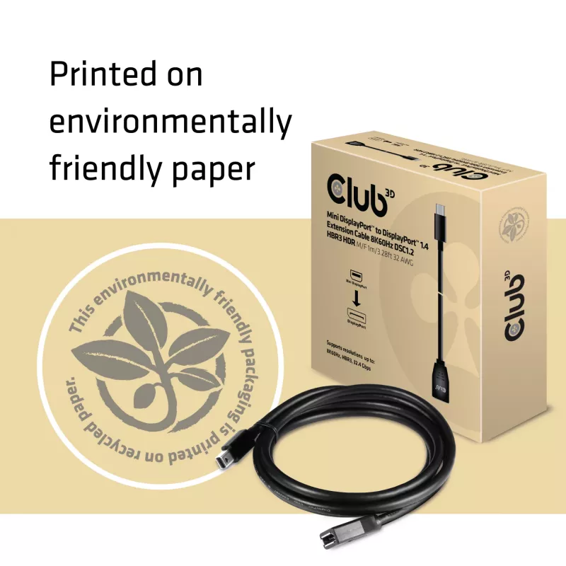 Club 3D CAC-1121 Mini DisplayPort į DisplayPort 1.4 pailginimo kabelis, 8K60Hz, DSC 1.2, HBR3, HDR, 32AWG, M/F, 1 m (3,28 ft), juodas