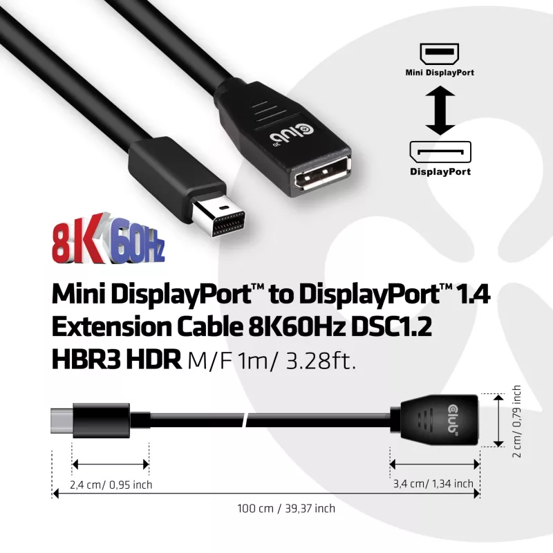 Club 3D CAC-1121 Mini DisplayPort į DisplayPort 1.4 pailginimo kabelis, 8K60Hz, DSC 1.2, HBR3, HDR, 32AWG, M/F, 1 m (3,28 ft), juodas