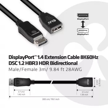 CLUB3D DisplayPort 1.4 ilginimo kabelis 8K60Hz DSC 1.2 HBR3 HDR abipusis M/F 3m