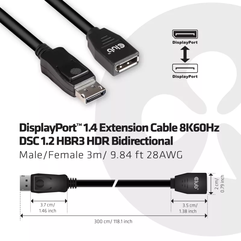 CLUB3D DisplayPort 1.4 ilginimo kabelis 8K60Hz DSC 1.2 HBR3 HDR abipusis M/F 3m
