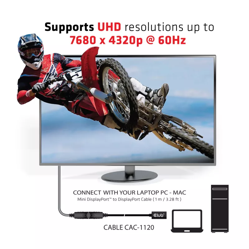 CLUB3D Mini DisplayPort 1.4 į DisplayPort prailginimo laidas 8K60Hz DSC 1.2 HBR3 HDR dvipusis F/M 1m