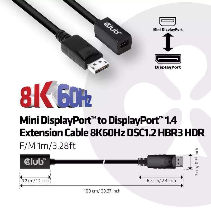 CLUB3D Mini DisplayPort 1.4 į DisplayPort prailginimo laidas 8K60Hz DSC 1.2 HBR3 HDR dvipusis F/M 1m
