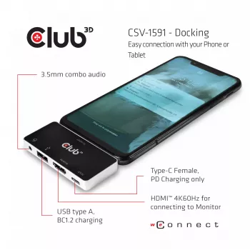 CLUB3D USB Type C 4-in-1 Hub į HDMI™ 4K60Hz USB Type C PD / USB Type A / Audio lizdas
