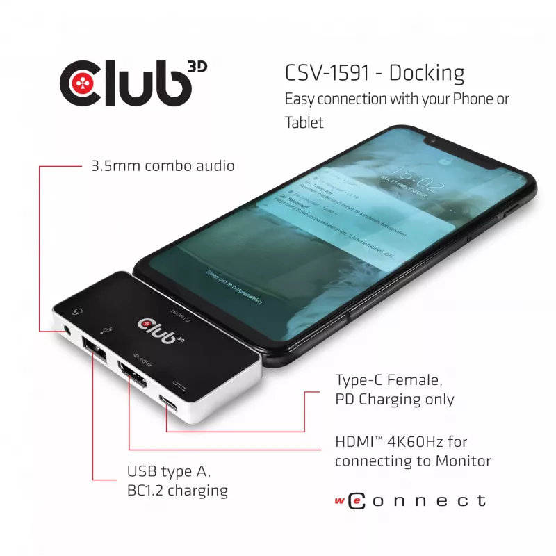 CLUB3D USB Type C 4-in-1 Hub į HDMI™ 4K60Hz USB Type C PD / USB Type A / Audio lizdas