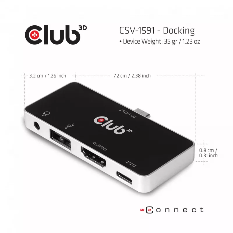 CLUB3D USB Type C 4-in-1 Hub į HDMI™ 4K60Hz USB Type C PD / USB Type A / Audio lizdas
