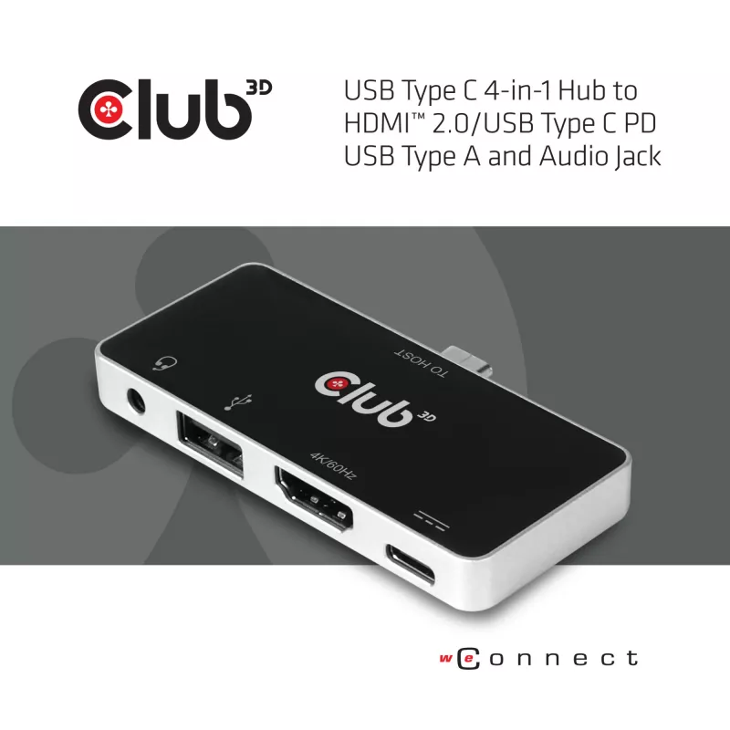 CLUB3D USB Type C 4-in-1 Hub į HDMI™ 4K60Hz USB Type C PD / USB Type A / Audio lizdas