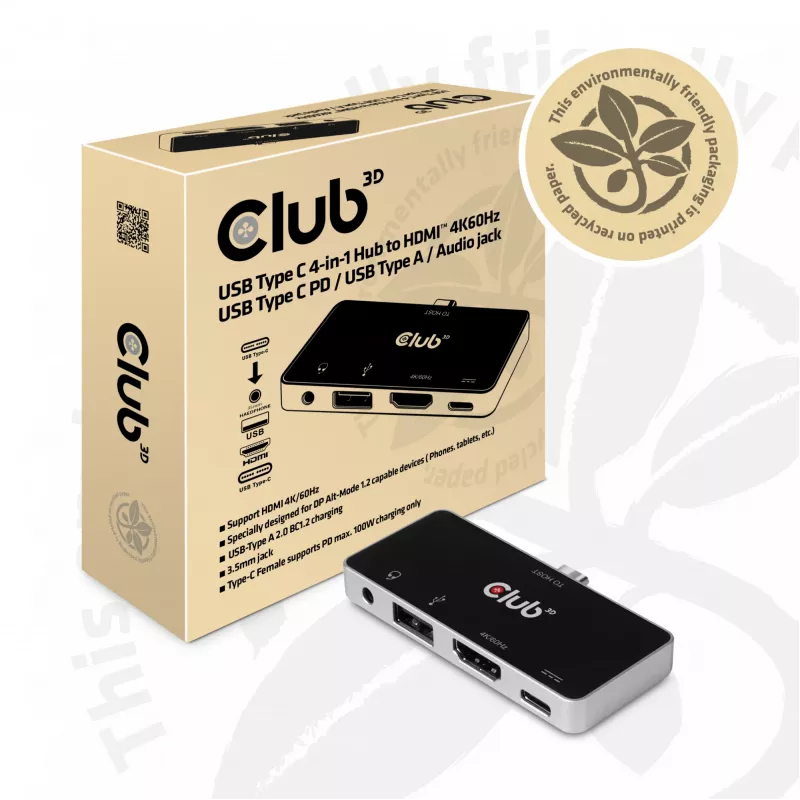 CLUB3D USB Type C 4-in-1 Hub į HDMI™ 4K60Hz USB Type C PD / USB Type A / Audio lizdas