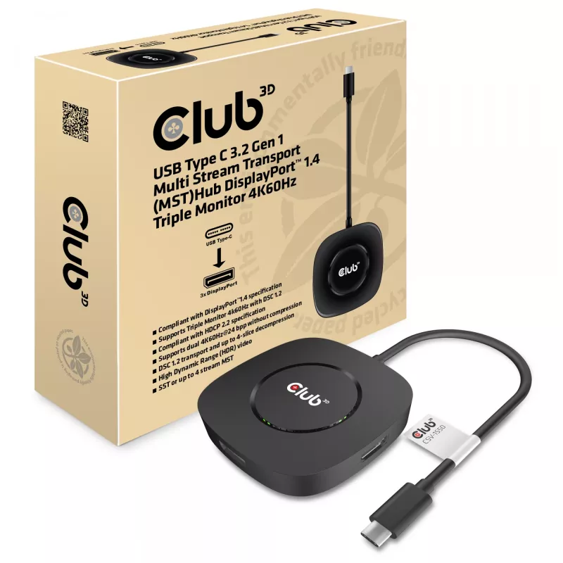 CLUB3D USB Type C 3.2 Gen 1 MST HUB DisplayPort 1.4 trigubam monitoriui CSV-1550