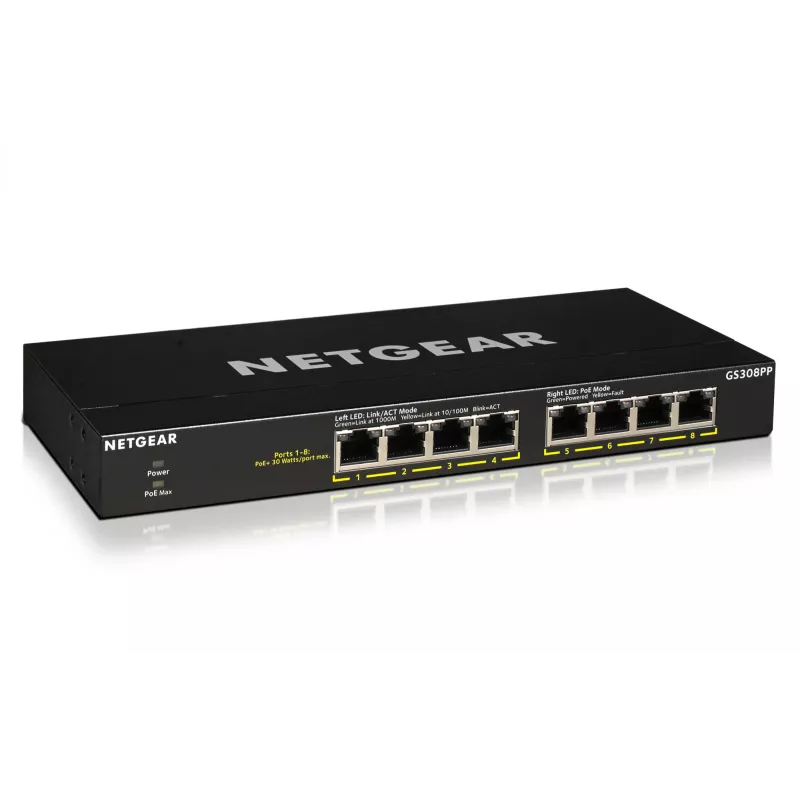 NETGEAR GS308PP Nevaldomas Gigabit Ethernet (10/100/1000) su PoE, juodas