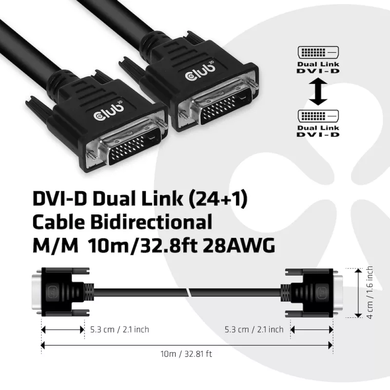 CLUB3D DVI-D Dual Link (24+1) laidas abipusis M/M 10 m/32,8 pėd. 28AWG