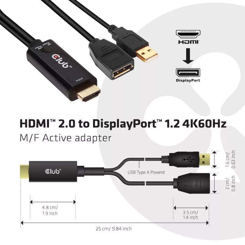 CLUB3D CAC-1331 aktyvus HDMI į DisplayPort adapteris 0.25 m juodas