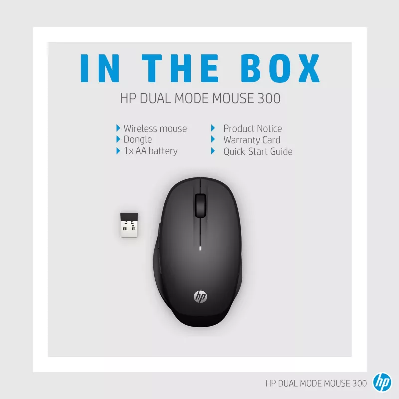 HP Dual Mode Black Mouse 300, dešinei rankai, optinė, RF belaidė, 3600 DPI, juoda