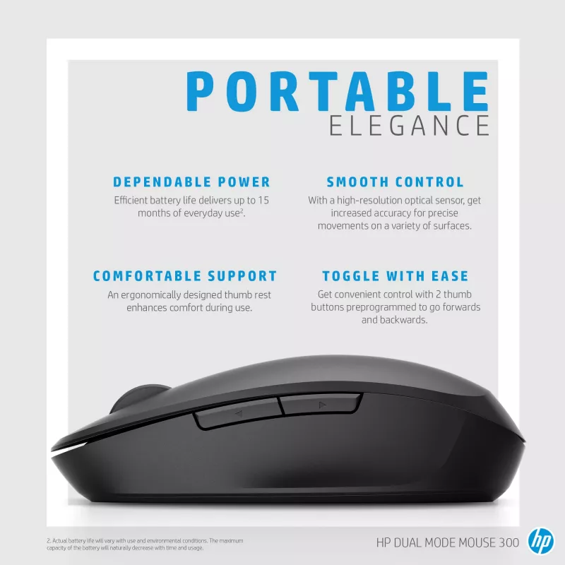 HP Dual Mode Black Mouse 300, dešinei rankai, optinė, RF belaidė, 3600 DPI, juoda
