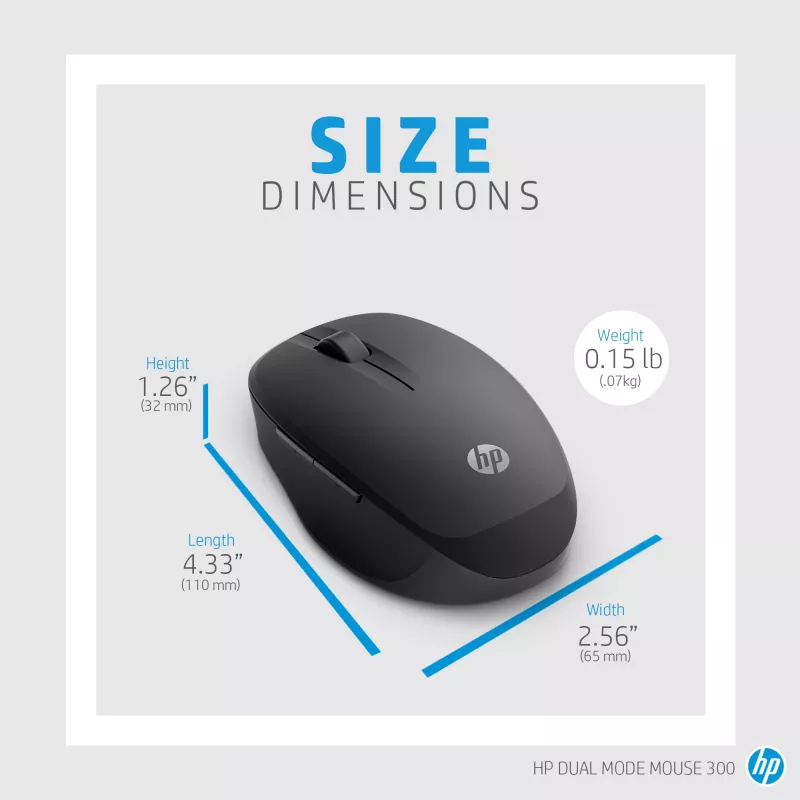 HP Dual Mode Black Mouse 300, dešinei rankai, optinė, RF belaidė, 3600 DPI, juoda