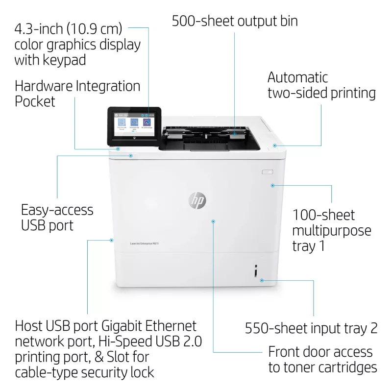 HP LaserJet Enterprise M611dn – lazerinis spausdintuvas, A4, 1200x1200 DPI, 61 ppm, dvipusis spausdinimas, tinklo paruoštas